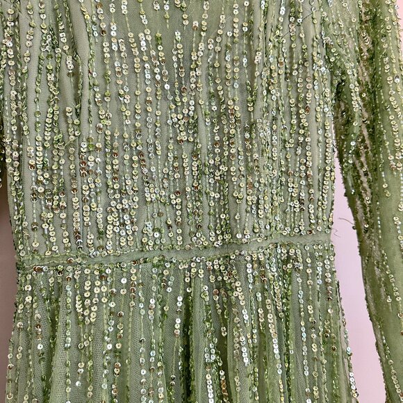 MAC DUGGAL Green Illusion High Neck Long Sleeve Embellished Gown Sage Size US 6 - Picture 6 of 16